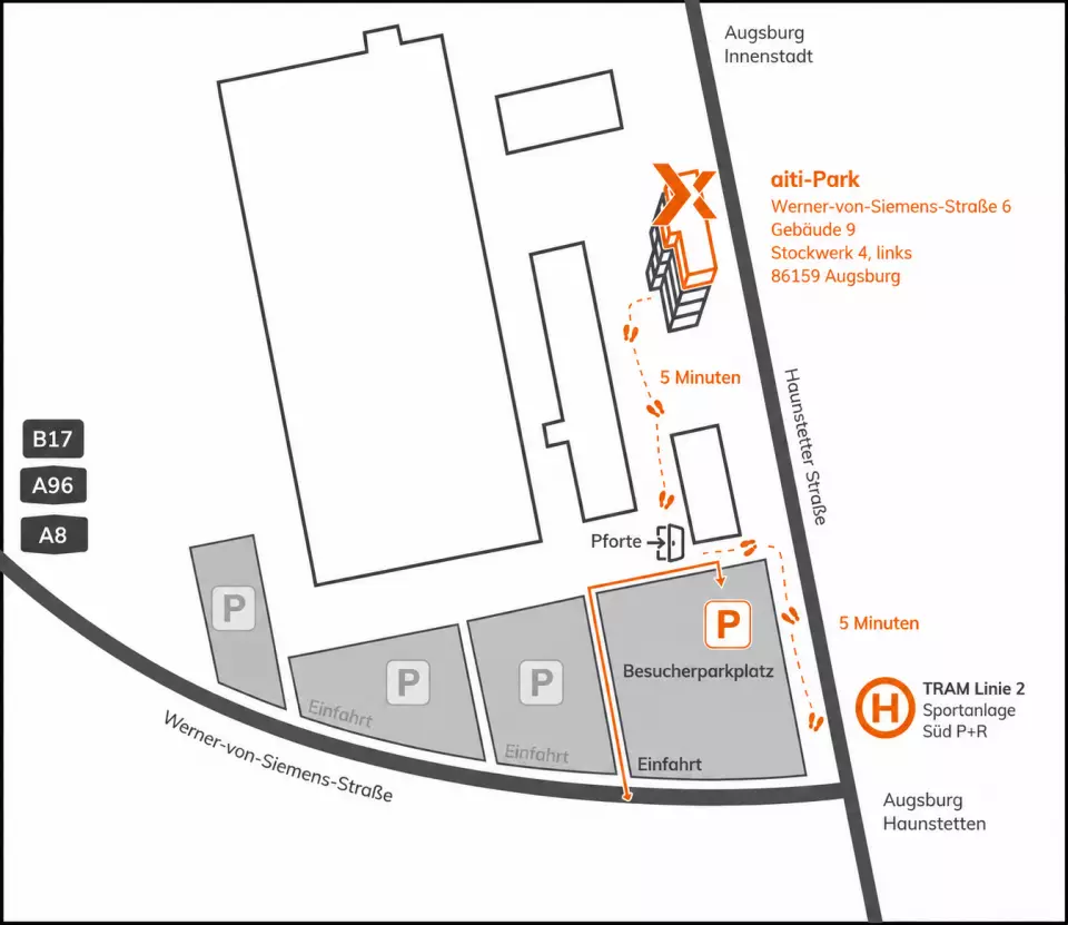 Anfahrt zu DEXEVO im aiti-Park Augsburg Anfahrtsskizze zum DEXEVO-Büro im aiti-Park Augsburg mit Besucherparkplatz, Pforte und Haltestelle Sportanlage Süd P+R