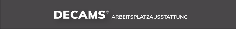 Graues Rechteck mit dem DECAMS Logo zur Arbeitsplatzausstattung