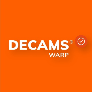 Orangenes Quadrat mit dem DECAMS WARP Logo