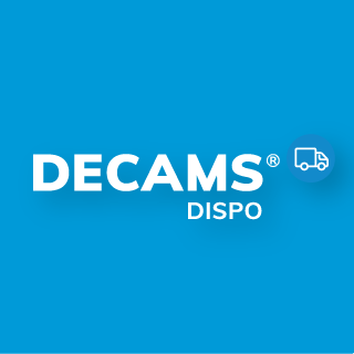 Blaues Quadrat mit dem DECAMS DISPO Logo