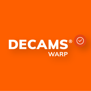 Orangenes Quadrat mit dem DECAMS WARP Logo