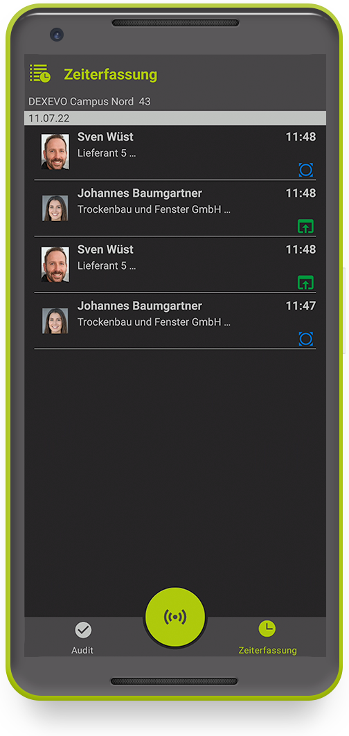 Übersichtsseite der Zeiterfassungsfunktion innerhalb der Checkapp