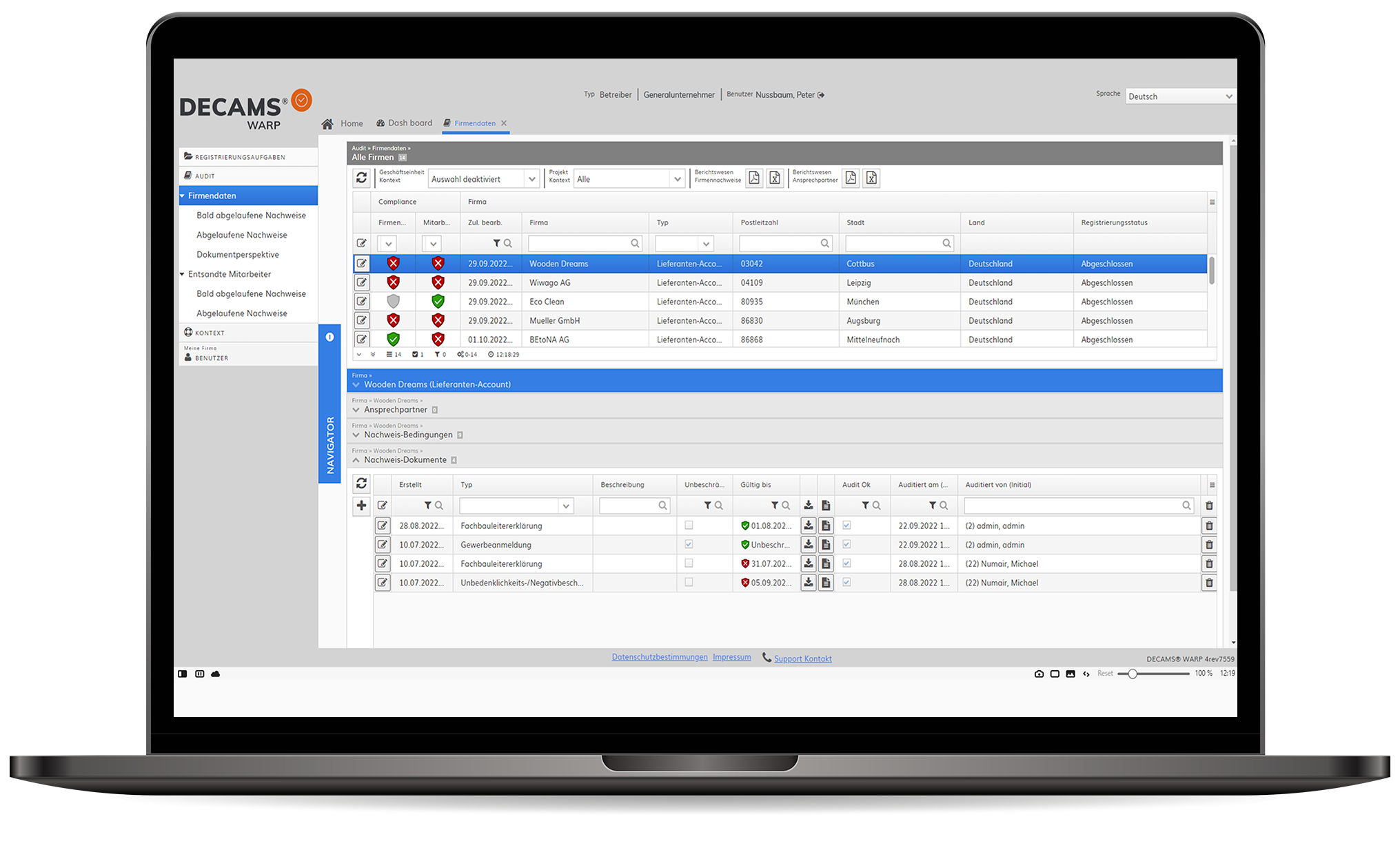Screenshot WARP Software aus Sicht eines Generalunternehmers