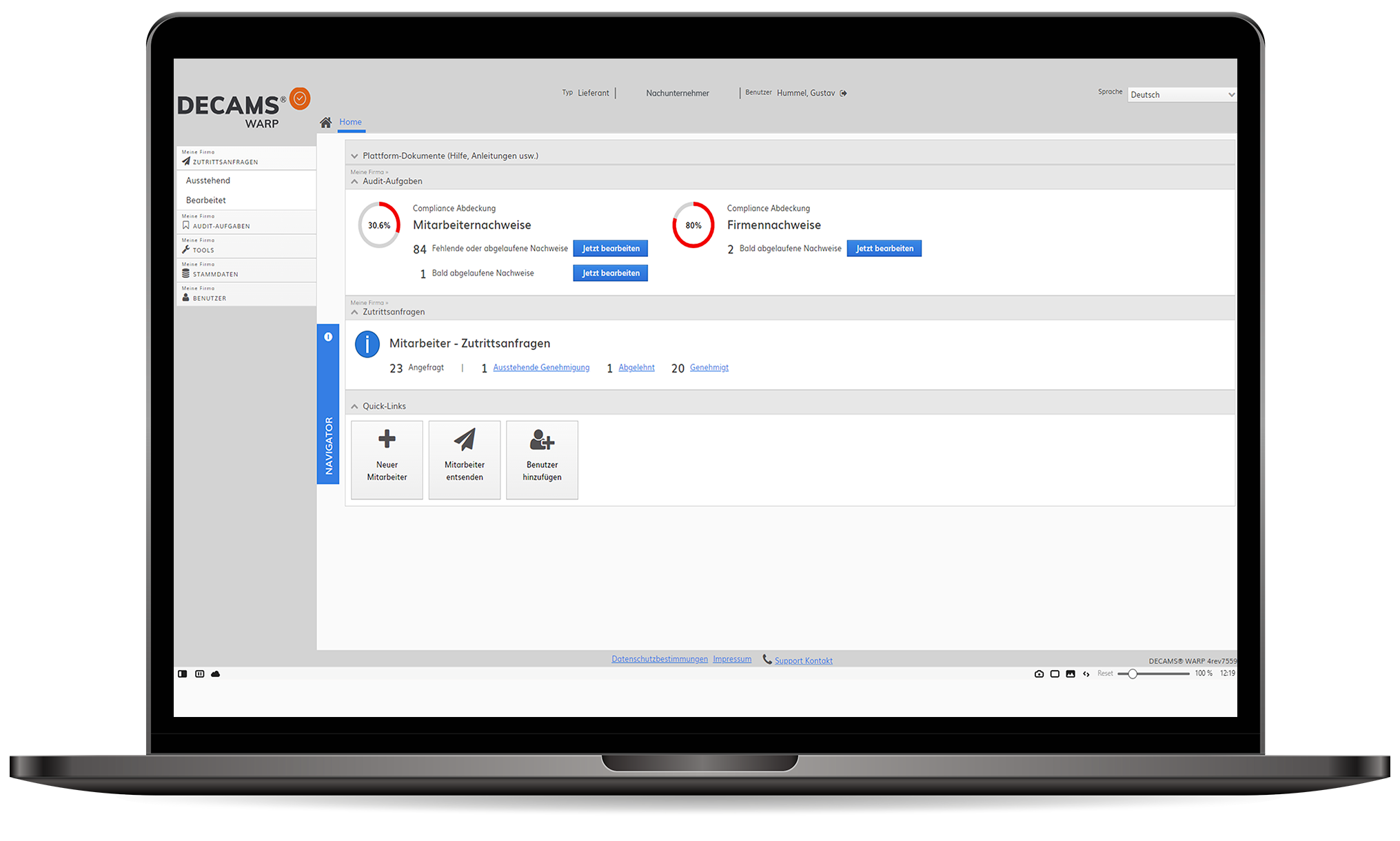 Screenshot WARP Software aus Sicht eines Nachunternehmers