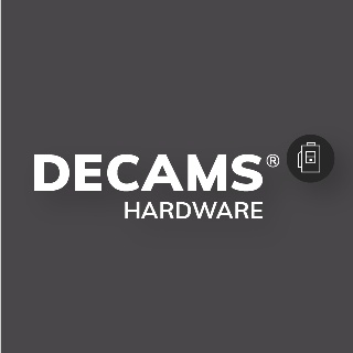 Graues Quadrat mit dem DECAMS HARDWARE Logo