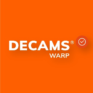Orangenes Quadrat mit dem DECAMS WARP Logo