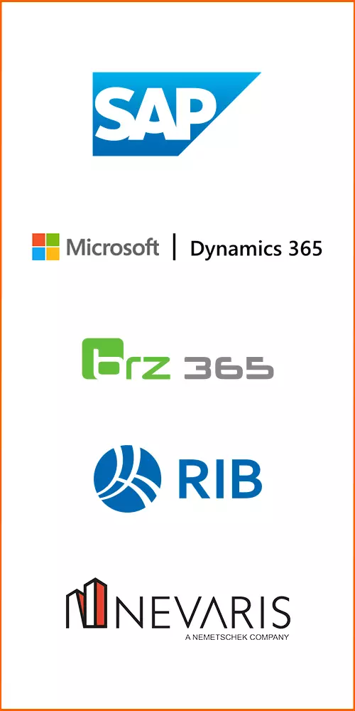 Logos der ERP-Systeme: SAP, Microsoft Dynamics 365, brz 365, RIB, Nevaris