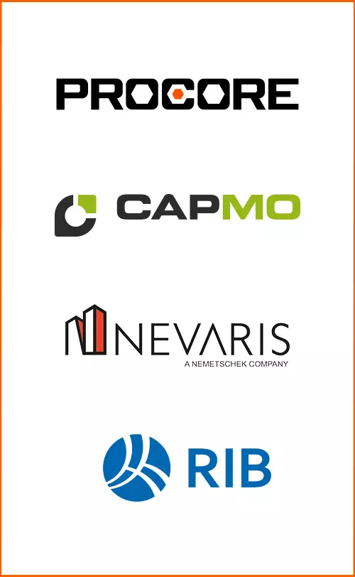 Logos der Projektmanagement-Systeme: Procore, CAPMO, NEVARIS, RIP