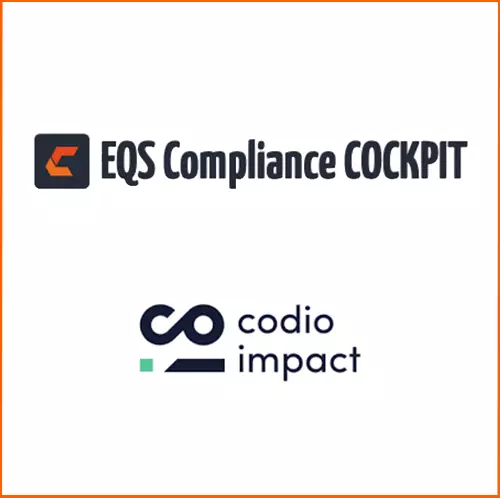 Logos der Schnittstelle zu Qualitätsmanagement- und Compliance-Systemen: EQS Compliance COCKPIT, codio impact
