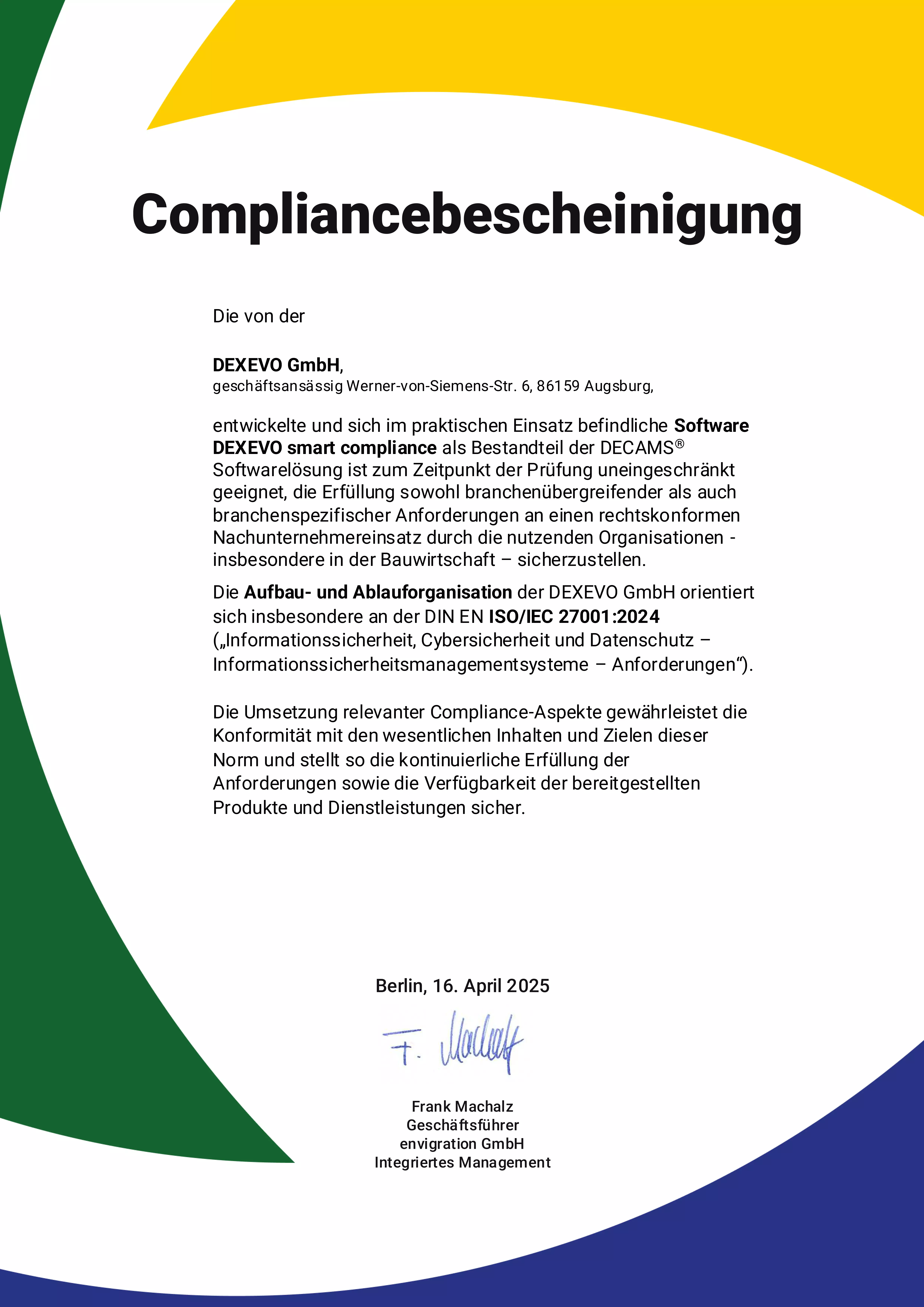 Vorschaubild DEXEVO Compliancebescheinigung